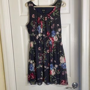 Navy blue floral lined dress. Approximately 35inched from shoulder to hem.